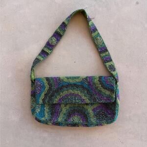 Beaded Multicolor Shoulder Bag - Green & Purple
